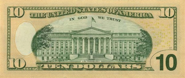 Купюра (новая) номиналом 10 долларов США, обратная сторона